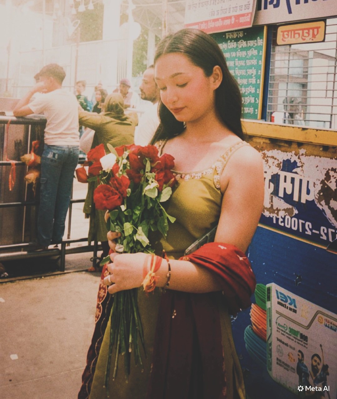 Tanya in an olive green traditional outfit holding red roses at a market